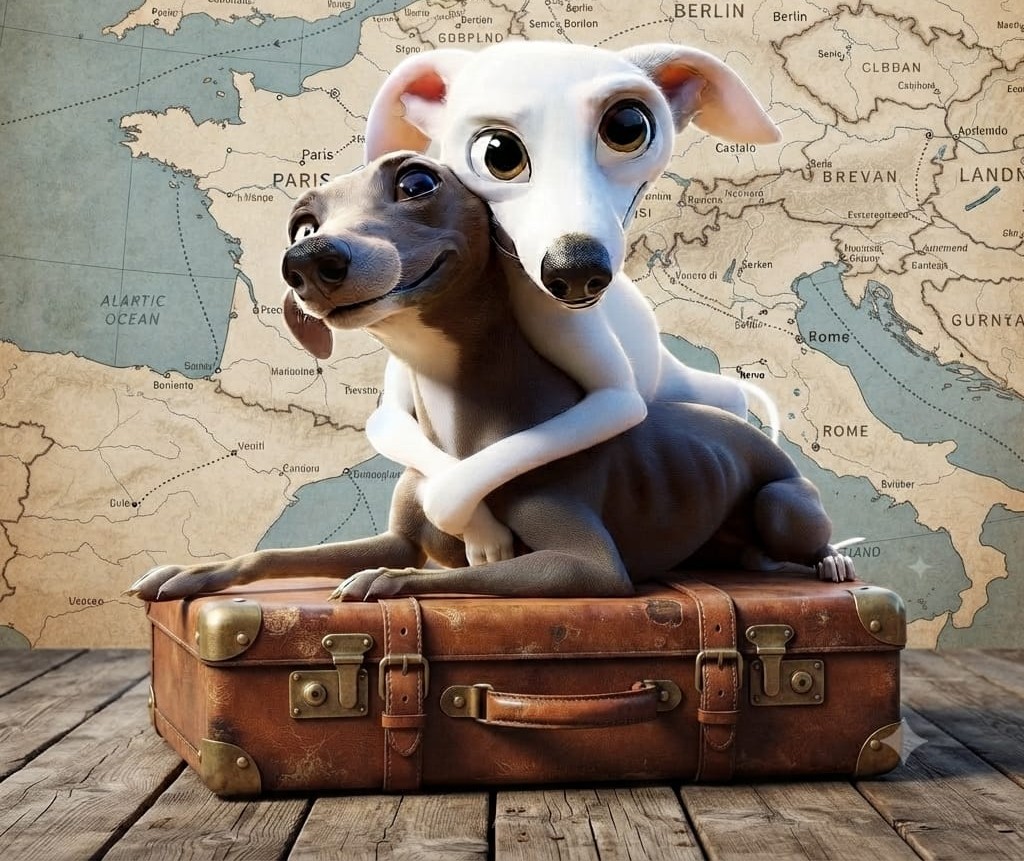 Two greyhounds hugging on a vintage suitcase in front of a European travel map